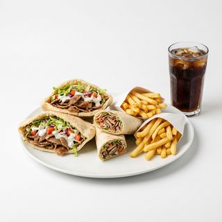 Oferta 12: 2 Kebabs + 2 Dürüms + 2 Patatas Fritas + Coca-Cola Sabor Original Botella 1L.