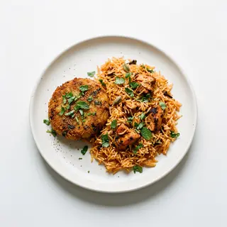 Aaloo tikki + arroz con pollo + batido o helado