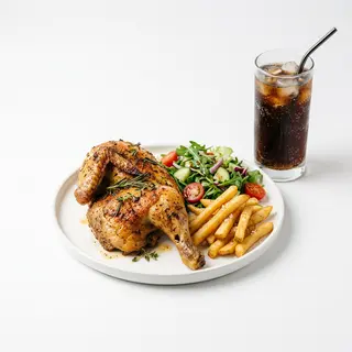 Medio Pollo Con Ensalada + Patatas + Bebidas