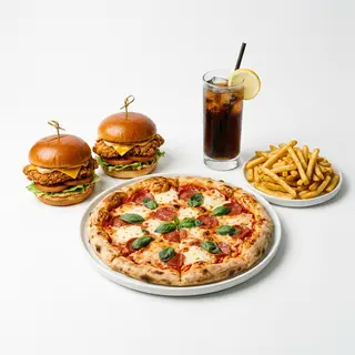 Menú 1 Pizza (30 Cm.) + 2 Hamburguesa + Patatas + Bebida (2 Lt.)