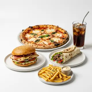 Menú 1 Pizza Familiar + 1 Campero + 1 Dürüm + 1 Patatas + Coca-Cola (2 Lt.)