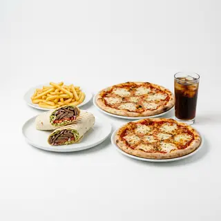 Menú 2 Dürüm O 2 Pitas + 2 Pizzas Medianas + 1 Patatas + Coca-Cola (2 Lt.)