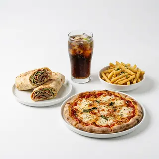 Menú 2 Dürüm O Pitas + 1 Pizza Mediana + 1 Patatas + Coca-Cola (2 Lt.)