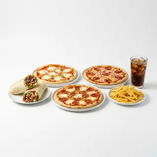 Menú 2 Durum + 2 Pizzas (Medianas) + Patatas + Bebida (2 Lt.)