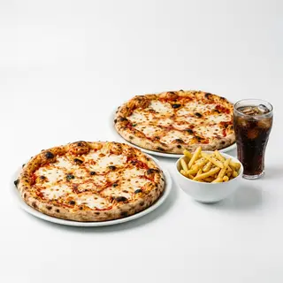 Menú 2 Pizzas (40 Cm.) + Patatas + Bebida (2 Lt.)