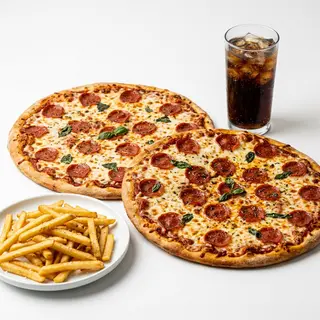 Menú 2 Pizzas Familiares + 1 Patatas + Coca-Cola (2 Lt.)