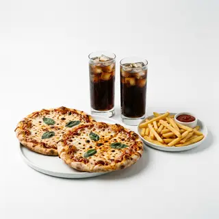 Menú 2 Pizzas Medianas + 1 Patatas + 2 Latas