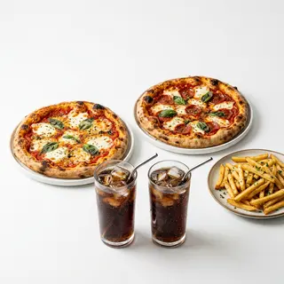 Menú 2 Pizzas (Medianas) + Patatas + 2 Bebidas (330 Ml.)