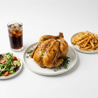 Menú pollo asado entero más bebida de 33cl a elegir