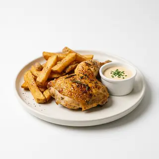 Menú pollo de corral + doble ración de patatas bistro + salsa