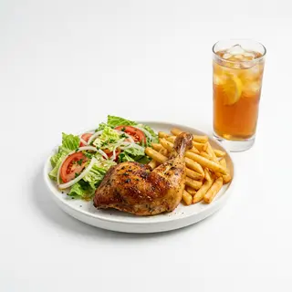 Pollo asado + patatas fritas + bebida + lechuga + tomate + cebolla