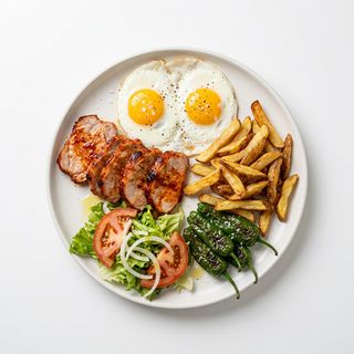 Plato #3: Lomo, Huevos A La Plancha, Patatas, Pimientos y Ensalada