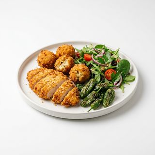 Plato #2: Pechugas De Pollo, Pimientos, Croquetas Caseras De Pollo Y Ensalada