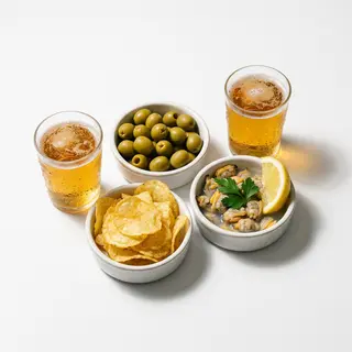 Tapas Olivas, Patatas, Berberechos Y 2 Cañas 