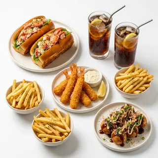 2 Panini con astice + 2 Dr Pepper + patatine x 2 + 6 gamberi panko + 8 takoyaki di polpo