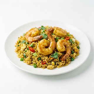 Arroz frito con gambas en salsa curry