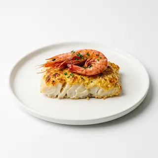Bacalao Gratinado Con Alioli Ligero Y Gamba Roja