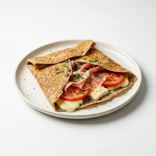 Crep con queso brie francés, jamón serrano y tomate (bretonne)