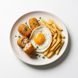Croquetas Variadas Con Huevo Y Papas Fritas