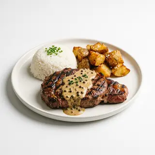 Entrecot En Salsa De Pimienta Con Patatas Y Arroz