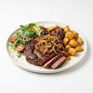 Entrecot Encebollado Con Patatas Y Ensalada