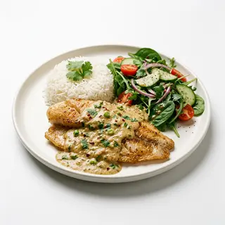Filete De Tilapia En Salsa De Coco Con Arroz Y Ensalada