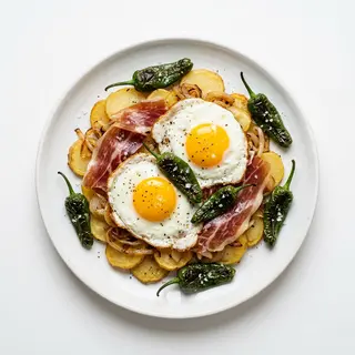 Jamón ibérico, patatas a lo pobre, huevos y pimientos de padrón 