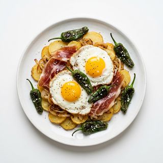 Jamón ibérico, patatas a lo pobre, huevos y pimientos de padrón