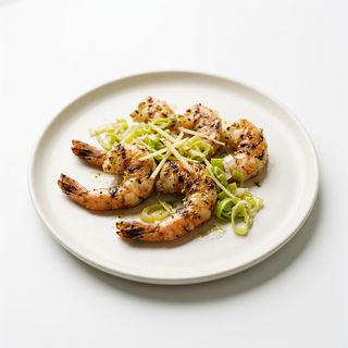 Langostinos con Puerros y Jengibre a la Plancha