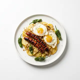 Patatas a lo pobre, txistorra, huevos y pimientos de padrón 