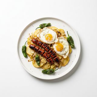 Patatas a lo pobre, txistorra, huevos y pimientos de padrón