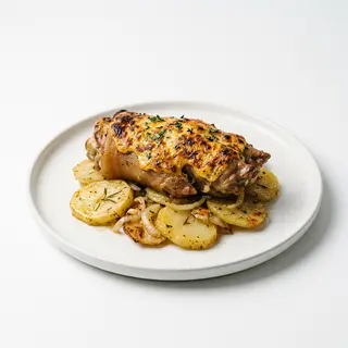 Pies de cerdo al horno gratinados con alioli y patata panadera