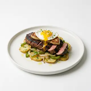 Pluma ibérica, huevos, patatas a lo pobre y foie