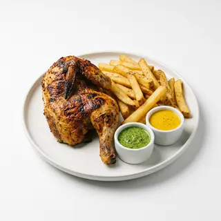 pollo la brasa charcoal Con patatas y salsas
