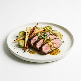 Presa Ibérica Con Salsa De Mostaza E Verdure
