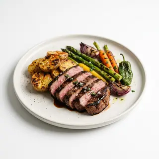 Presa ibérica marinada con patatas al caliu y verduras