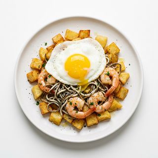 Sartenada Con Patatas, Huevo, Gulas Y Gambas