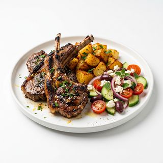 Costilla Cordero Con Ensalada Y Patatas