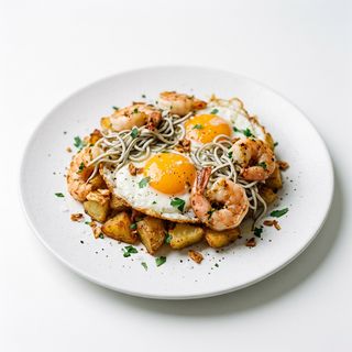 Huevos Rotos Con Gulas Y Gambones Al Ajillo