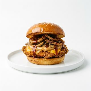 Hamburger, burro d'arachidi, anelli di cipolla, formaggio, funghi champignon, salsa bbq