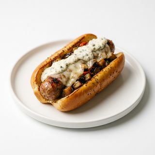 Salsiccia, melanzane a funghetto, salsa tartara, provola
