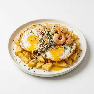 Huevos rotos con gulas y langostinos