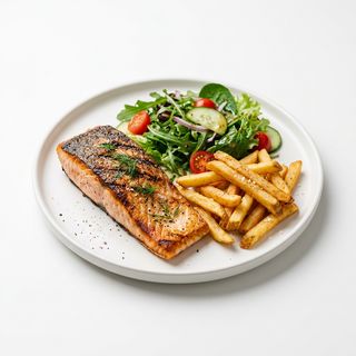 Salmón A La Plancha Con Ensalada Y Patatas Fritas