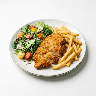 Cotoletta de pollo con ensalada o papas fritas