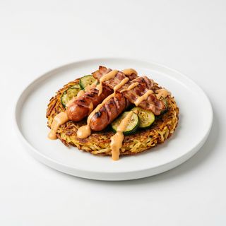 Roasti wurstel, bacon, salsa burger, zucchine