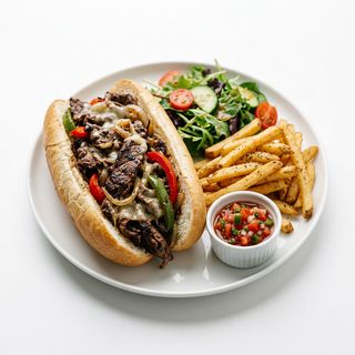 Cheesesteak, insalata, peperoni, patatine, salsa messicana