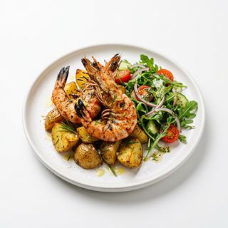 Gambas Con Patatas Y Ensalada