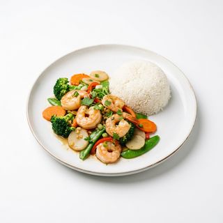 77.Gamberetti con verdure miste con riso bianco 虾仁什锦菜盖饭