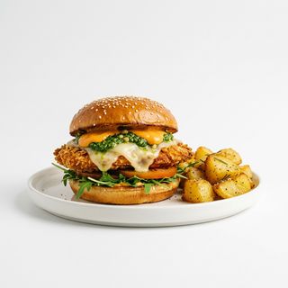 Polpetta, pesto, patate al forno, provola, maionese piccante