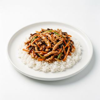 66.Straccetti di carne di maiale agropiccante con riso bianco 鱼香肉丝盖饭